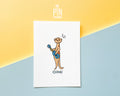 Premium postcard with an original illustration of a meerkat playing a blue ukulele with the text 'OIDA!', shown against a split yellow and light blue background.