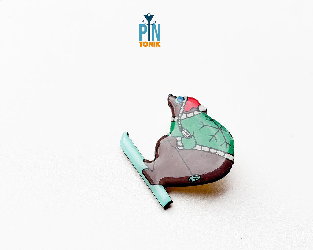 Skiing Bear Wooden Pin