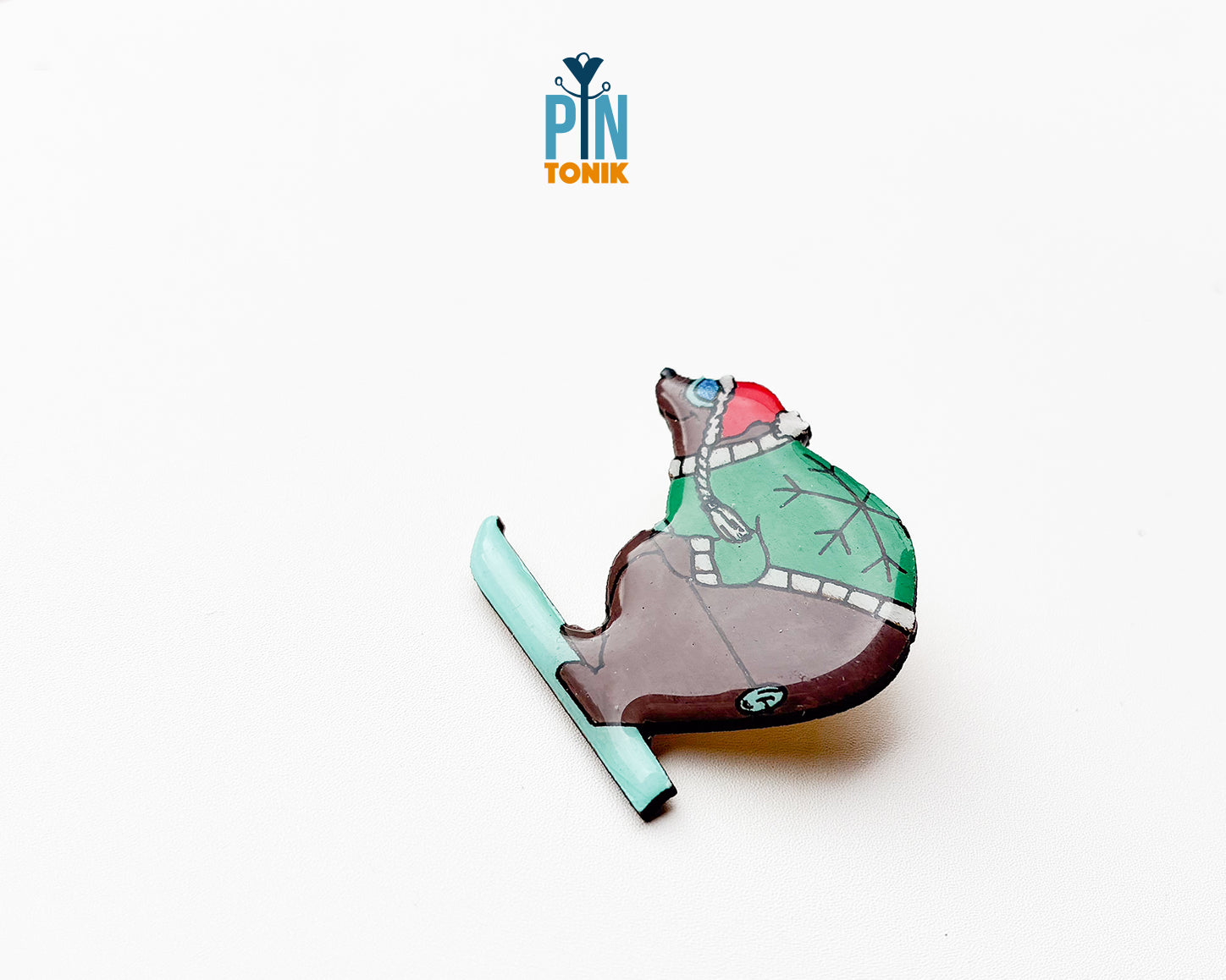 Skiing Bear Wooden Pin