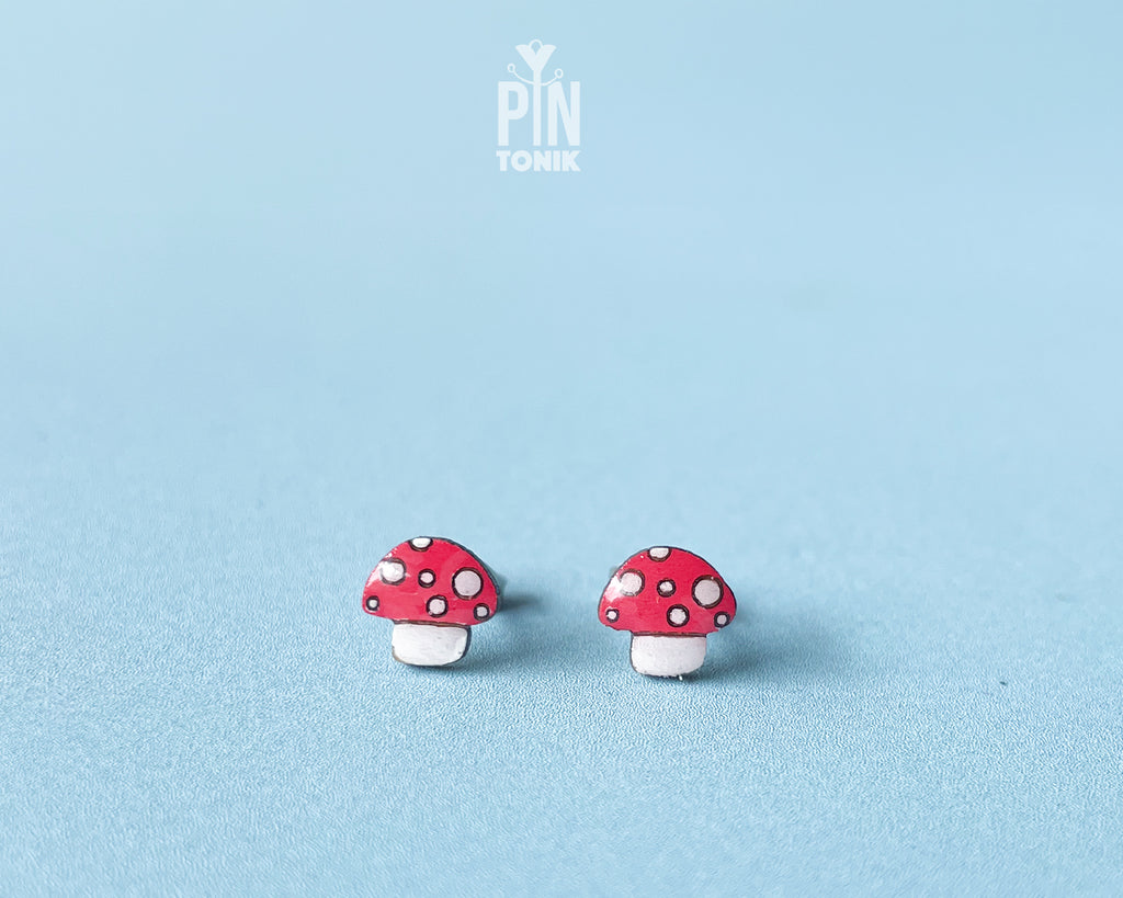 Tiny Red Mushroom Stud Earrings