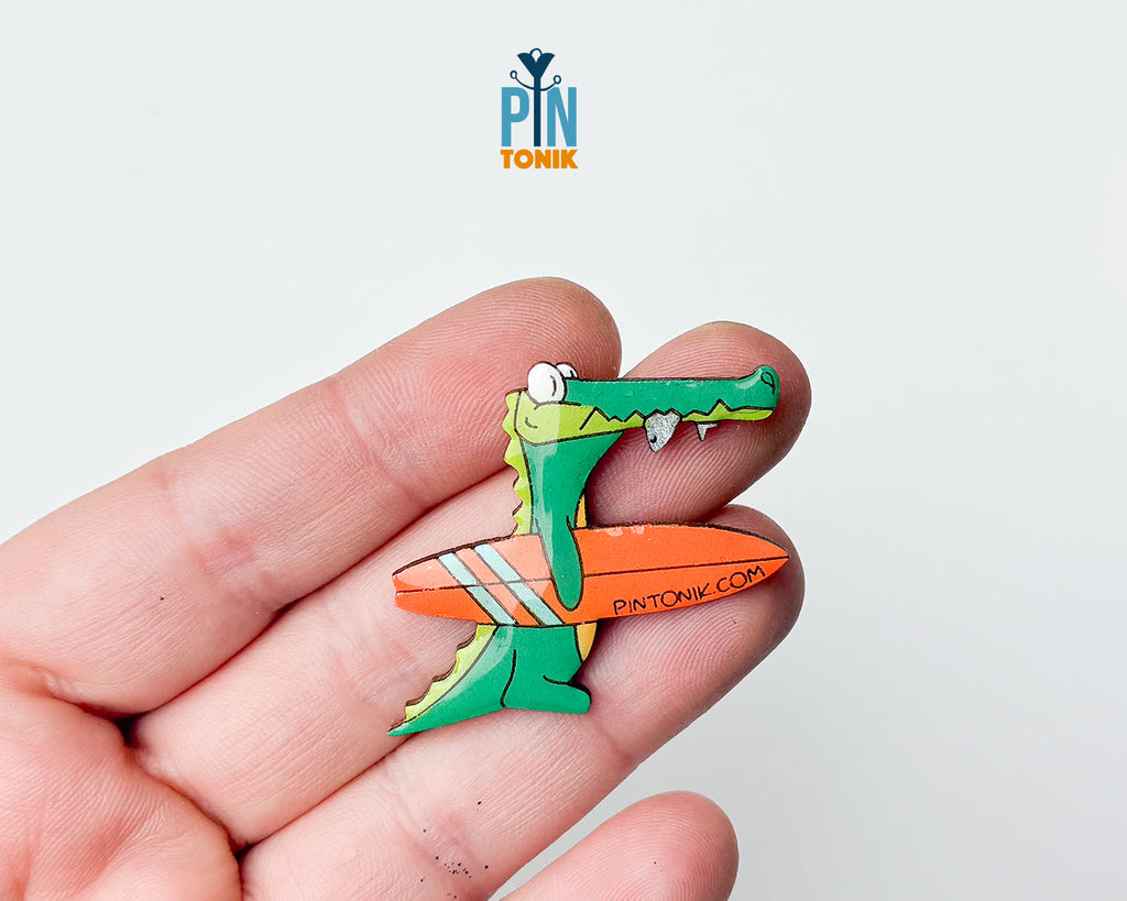 Surfing Crocodile Wooden Pin