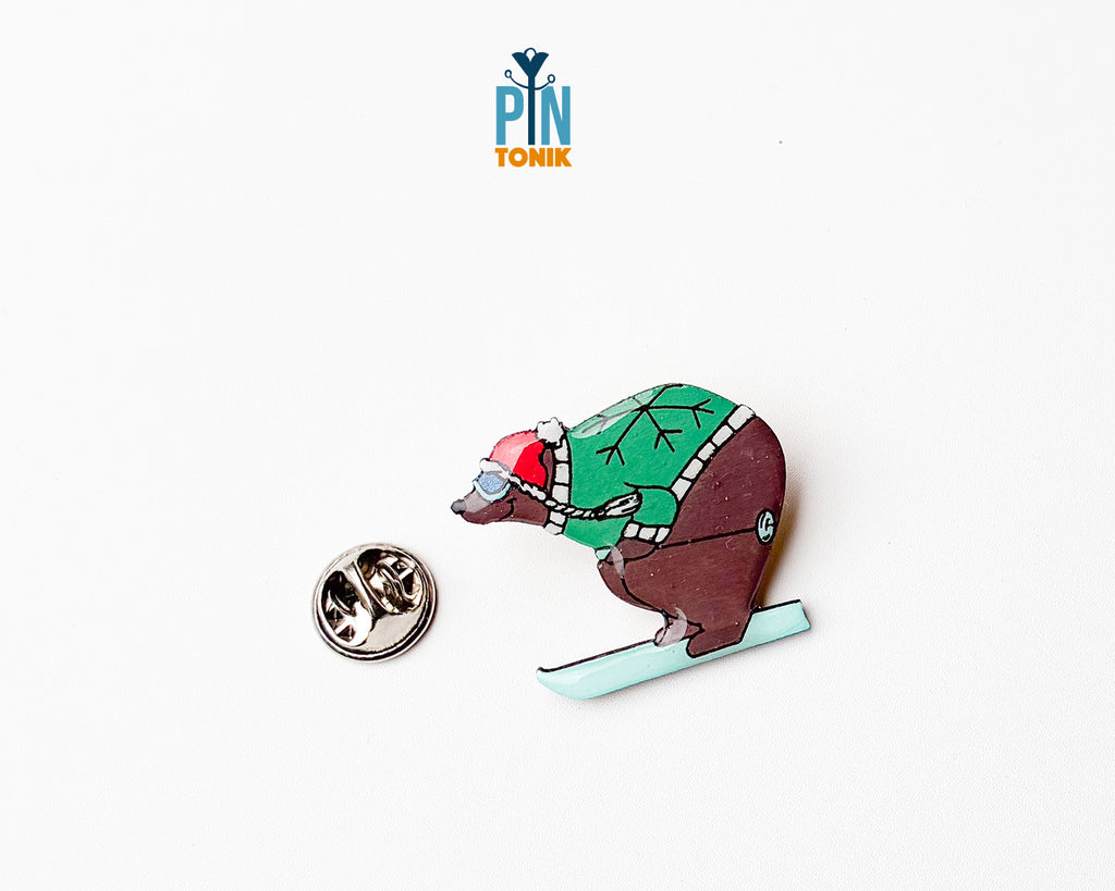 Skiing Bear Wooden Pin