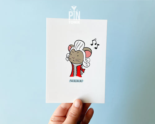 Premium postcard with an original illustration of a mouse in a Mozart costume with a white wig and red coat, featuring the text 'FALALALA!', shown with a light blue envelope.
