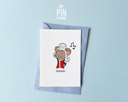 Premium postcard with an original illustration of a mouse in a Mozart costume with a white wig and red coat, featuring the text 'FALALALA!', shown with a light blue envelope.