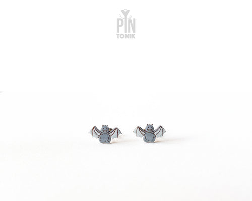 Handmade wooden grey bat stud earrings with outstretched wings by PinTonik, playful spooky and animal themed jewelry.