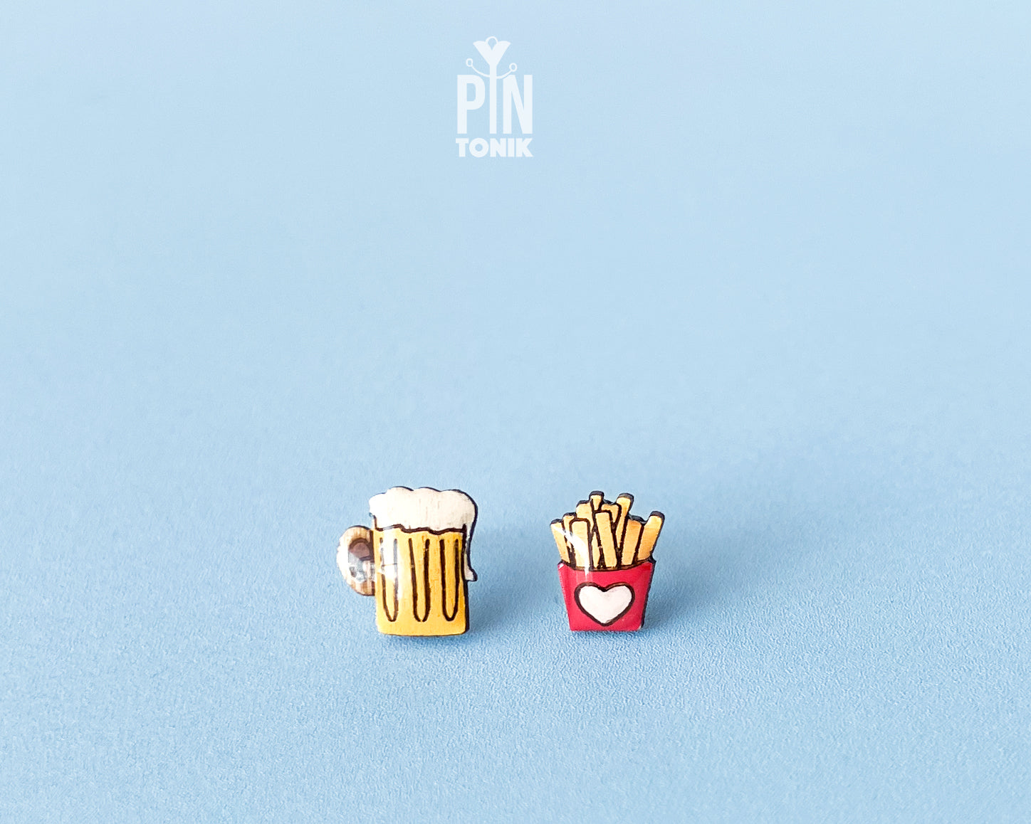 Mismatched pair of earrings - beer and french fries
