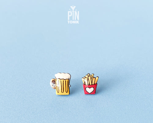 Mismatched pair of earrings - beer and french fries