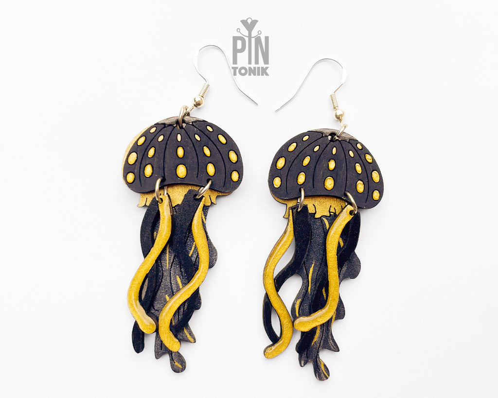 Jellyfish Dangle Earrings in Black and Gold