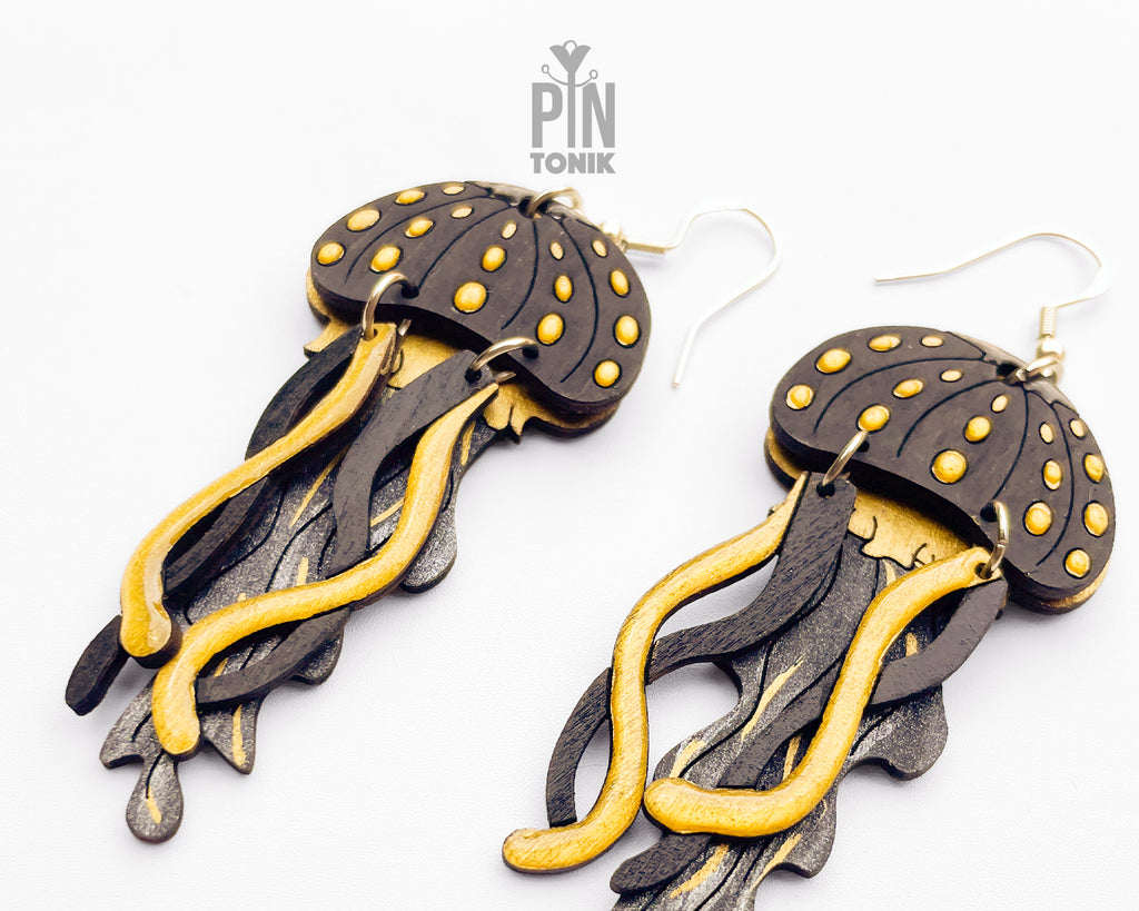 Jellyfish Dangle Earrings in Black and Gold