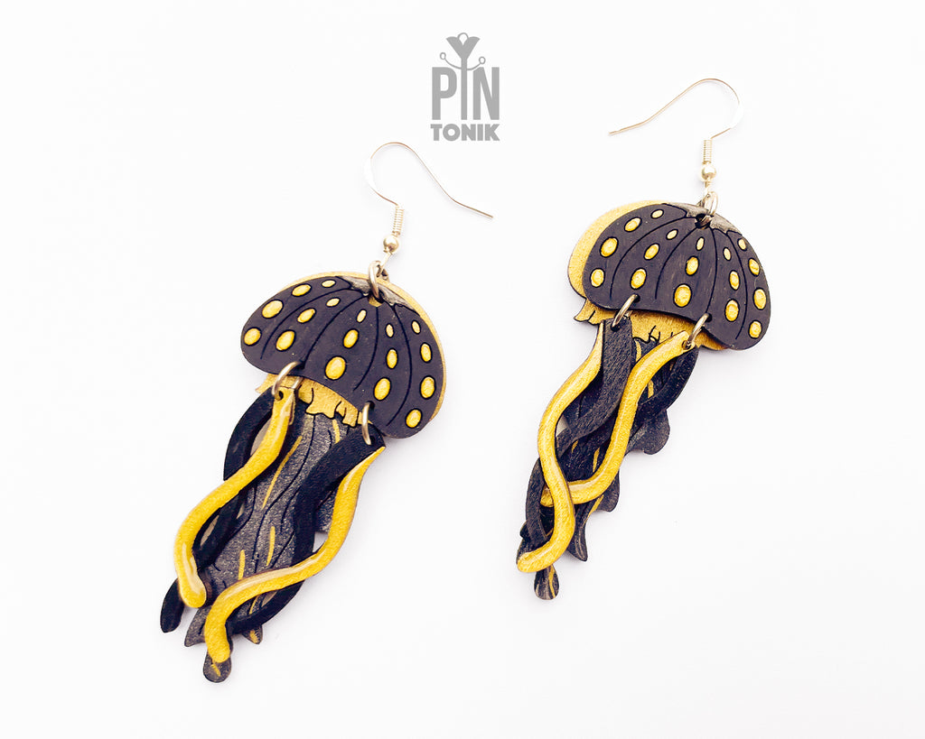 Jellyfish Dangle Earrings in Black and Gold