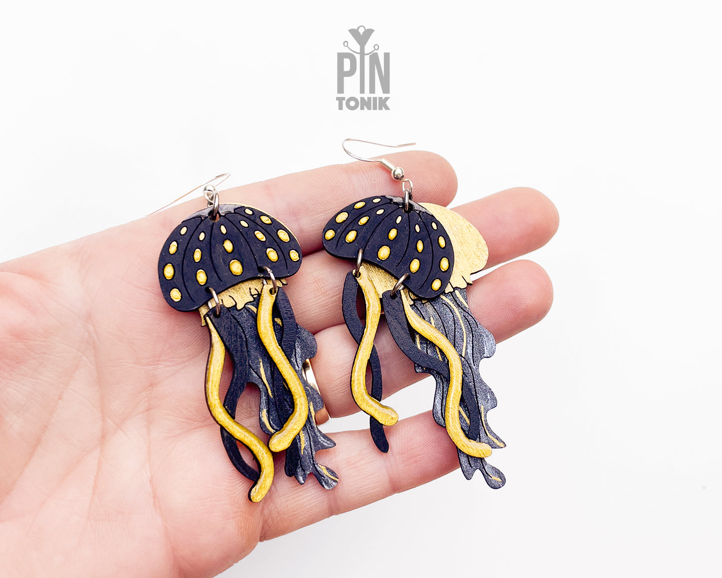 Jellyfish Dangle Earrings in Black and Gold