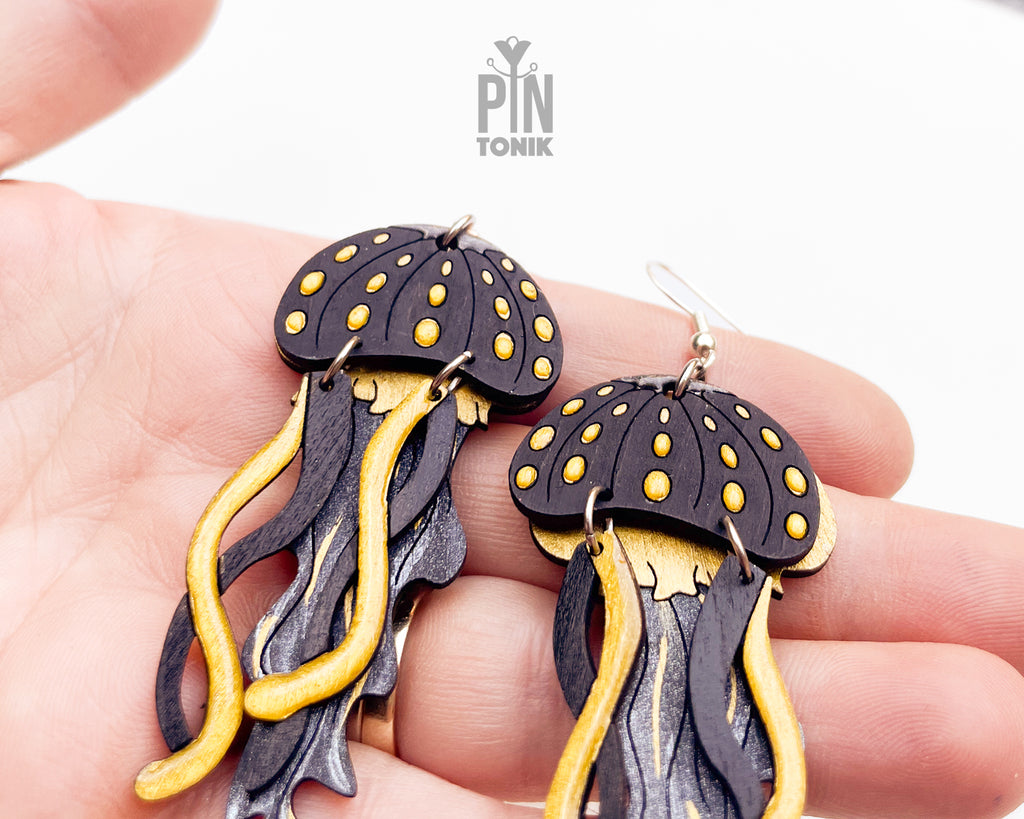Jellyfish Dangle Earrings in Black and Gold
