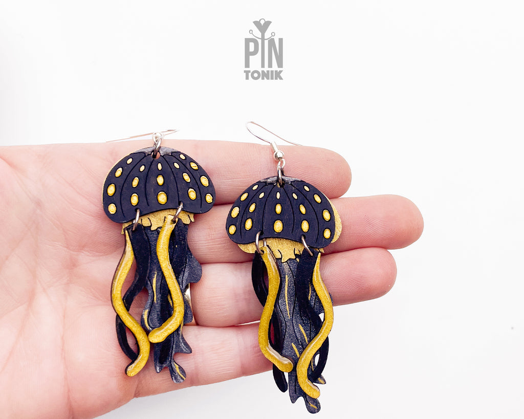 Jellyfish Dangle Earrings in Black and Gold