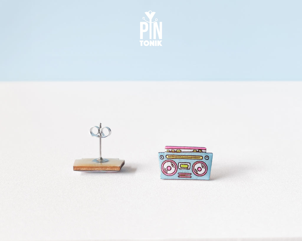 Handmade wooden retro boombox cassette player stud earrings in pastel blue and pink pop-art colors by PinTonik.