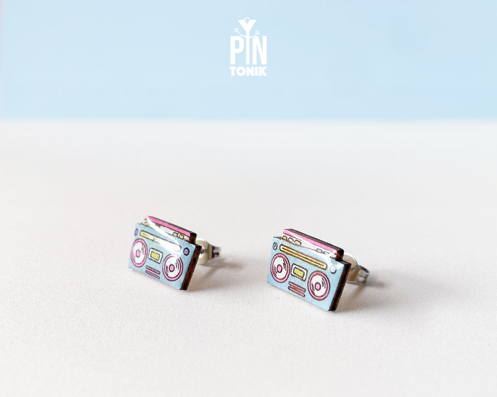 Handmade wooden retro boombox cassette player stud earrings in pastel blue and pink pop-art colors by PinTonik.