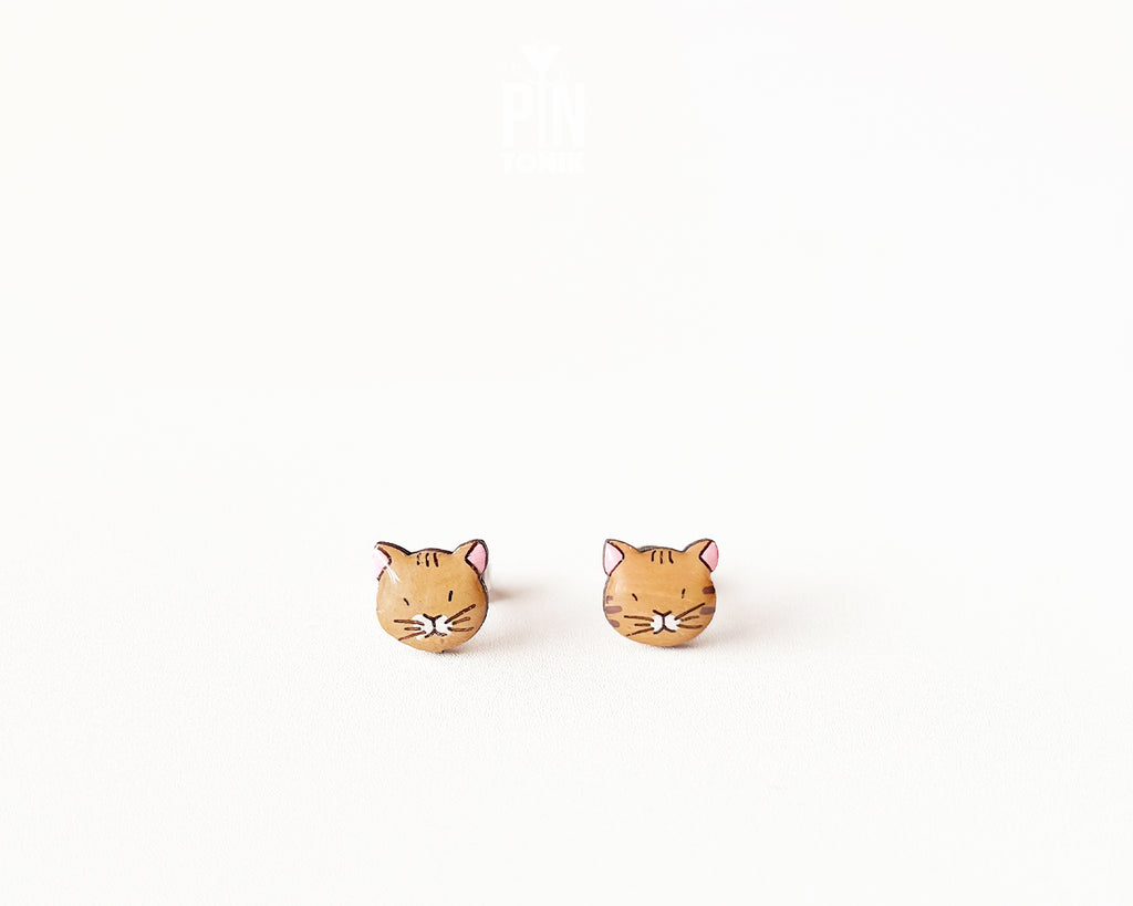 Pair of hand-painted ginger wooden cat stud earrings with a high-gloss protective resin finish