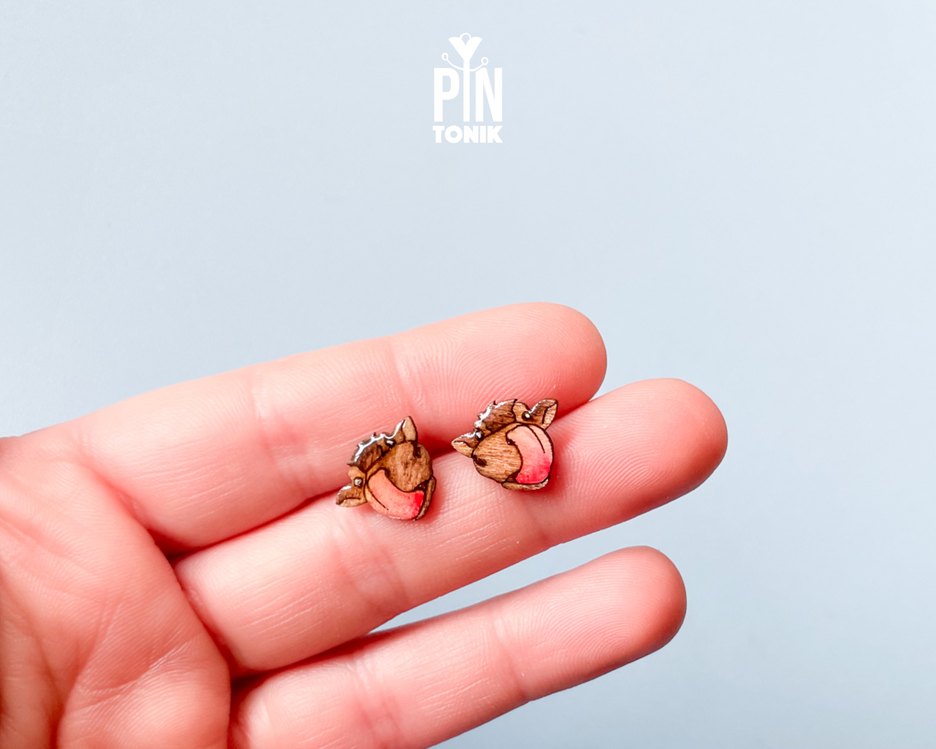 A close-up of a hand holding a pair of small animal stud earrings against a light blue background. The earrings appear to depict a brown and cream animal face with a pink accent.