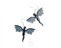 Hand-painted wooden Night dragon dangle earrings with sleek black bodies and speckled blue wing details on sterling silver hooks