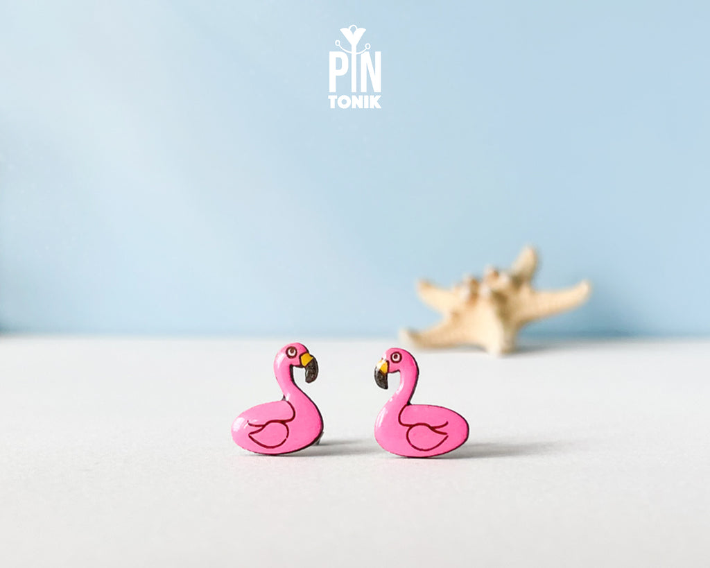 Handmade wooden pink flamingo pool floatie stud earrings by PinTonik.