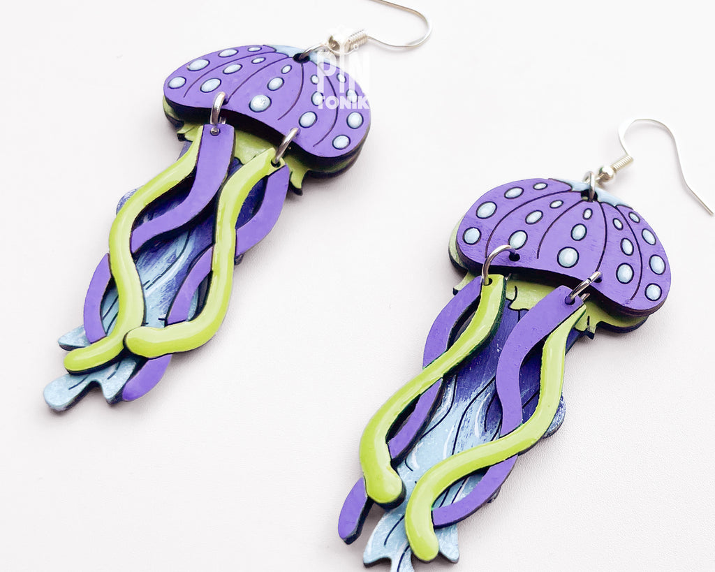 Jellyfish Dangle Earrings in Purple and Green