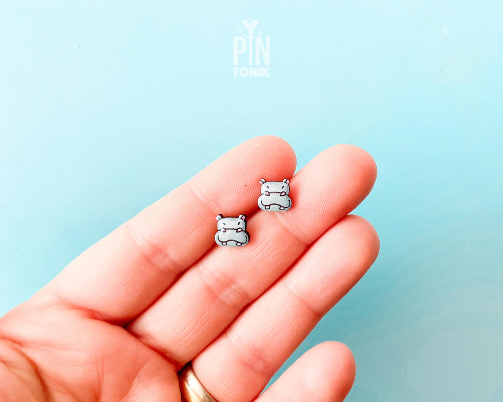 Handmade wooden grey hippo stud earrings with fine illustrated details by PinTonik, cute animal jewelry