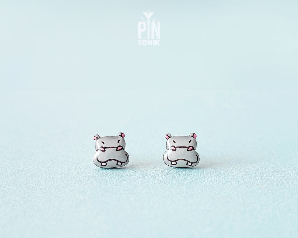 Handmade wooden grey hippo stud earrings with fine illustrated details by PinTonik, cute animal jewelry