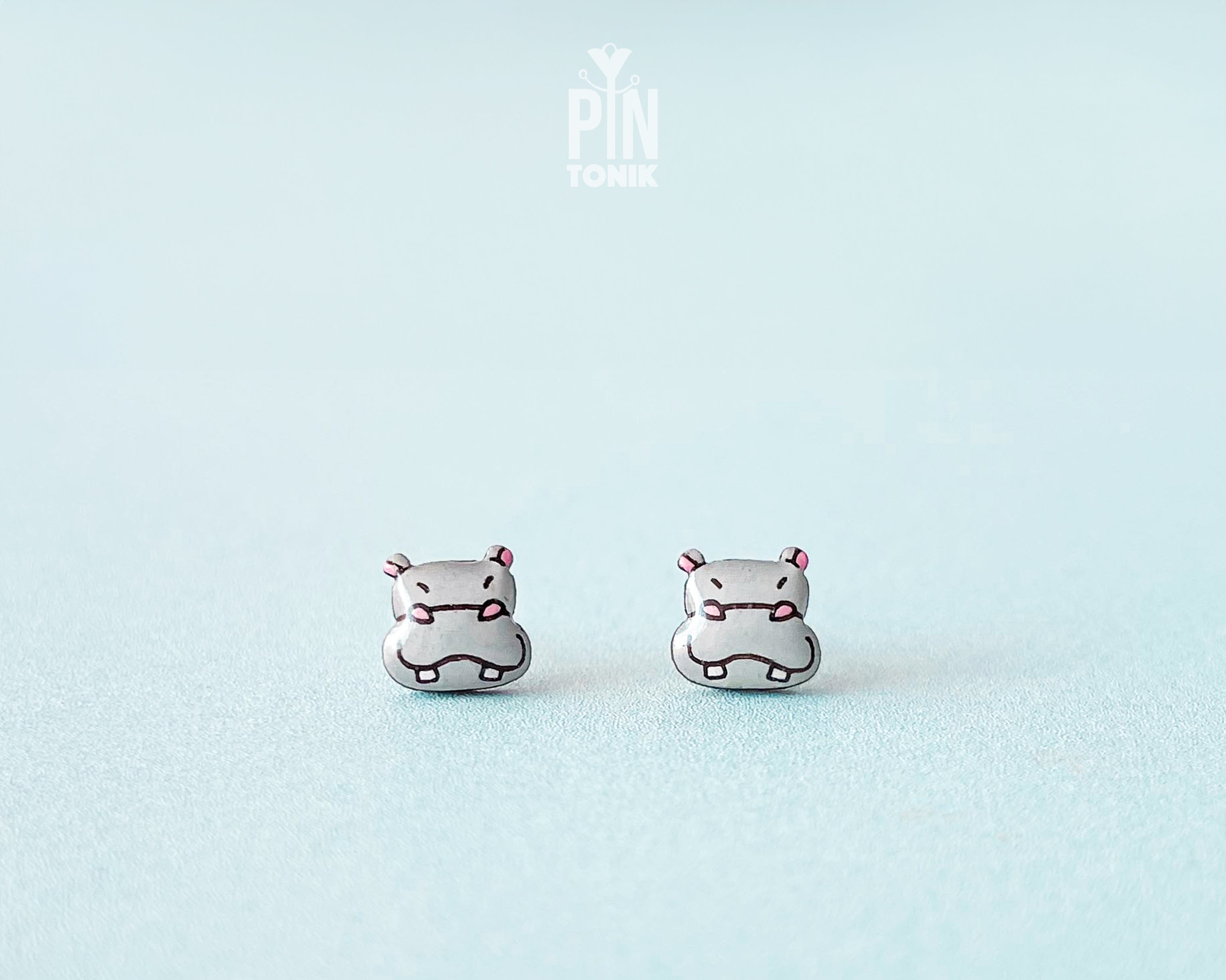 Handmade wooden grey hippo stud earrings with fine illustrated details by PinTonik, cute animal jewelry
