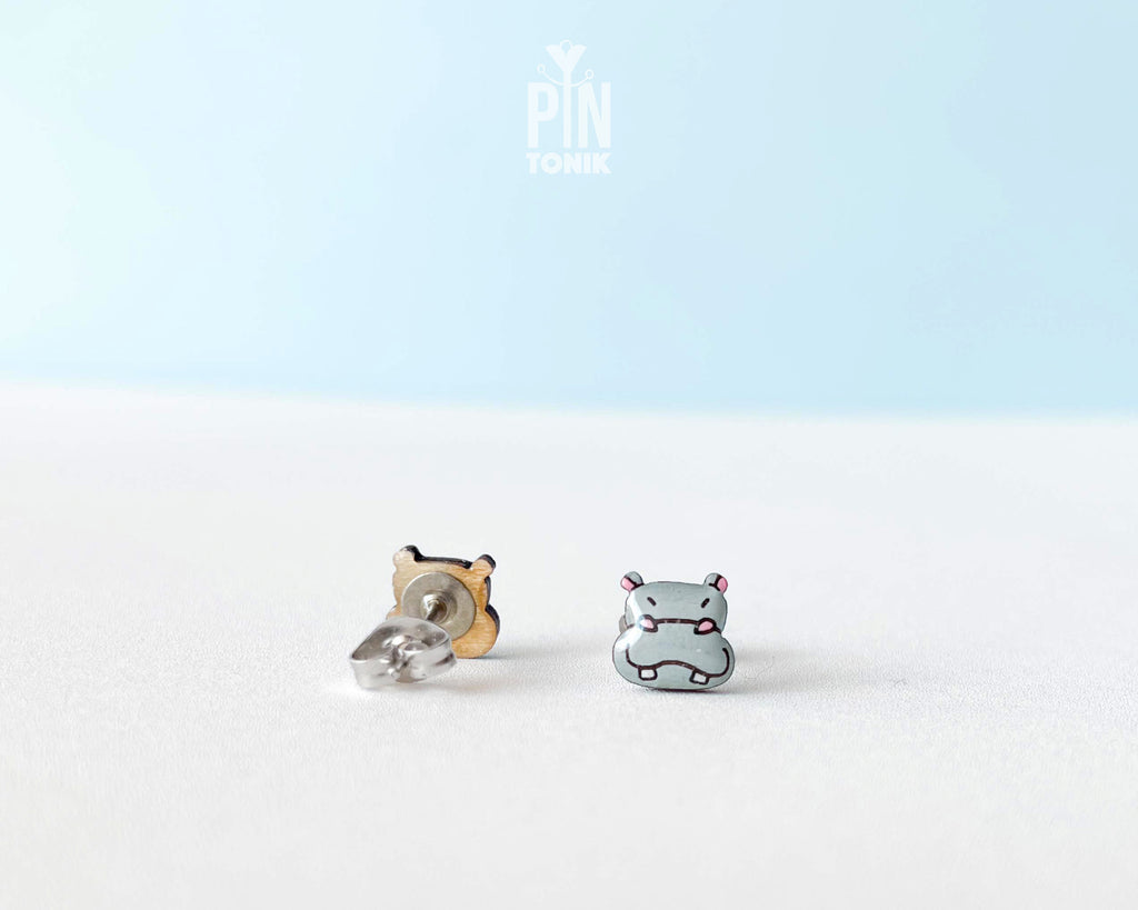 Handmade wooden grey hippo stud earrings with fine illustrated details by PinTonik, cute animal jewelry