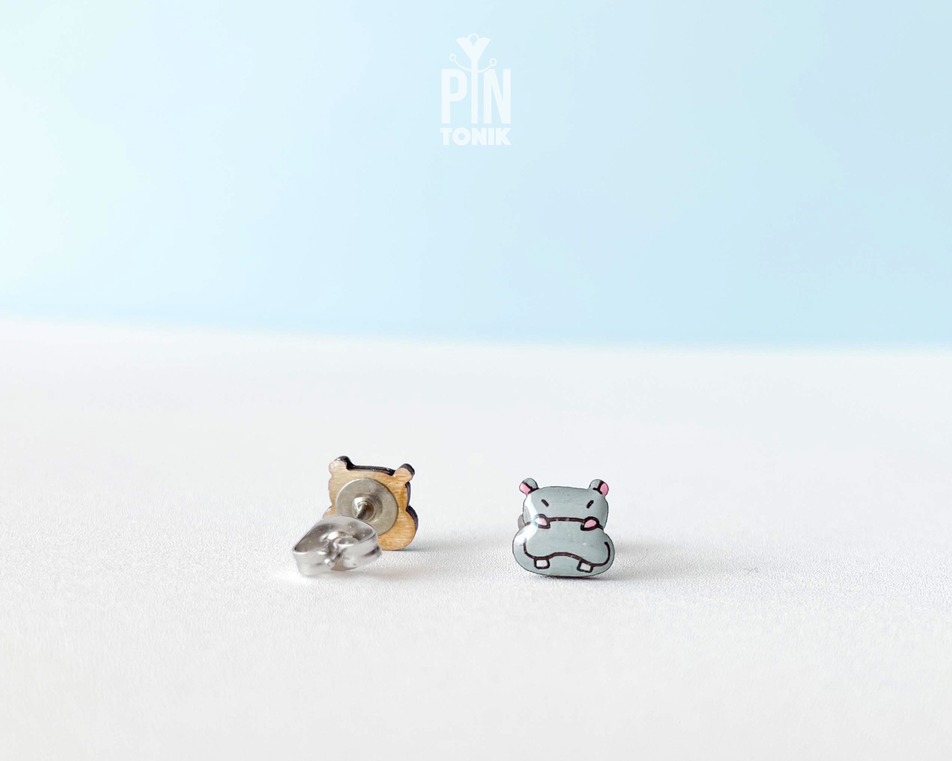 Handmade wooden grey hippo stud earrings with fine illustrated details by PinTonik, cute animal jewelry