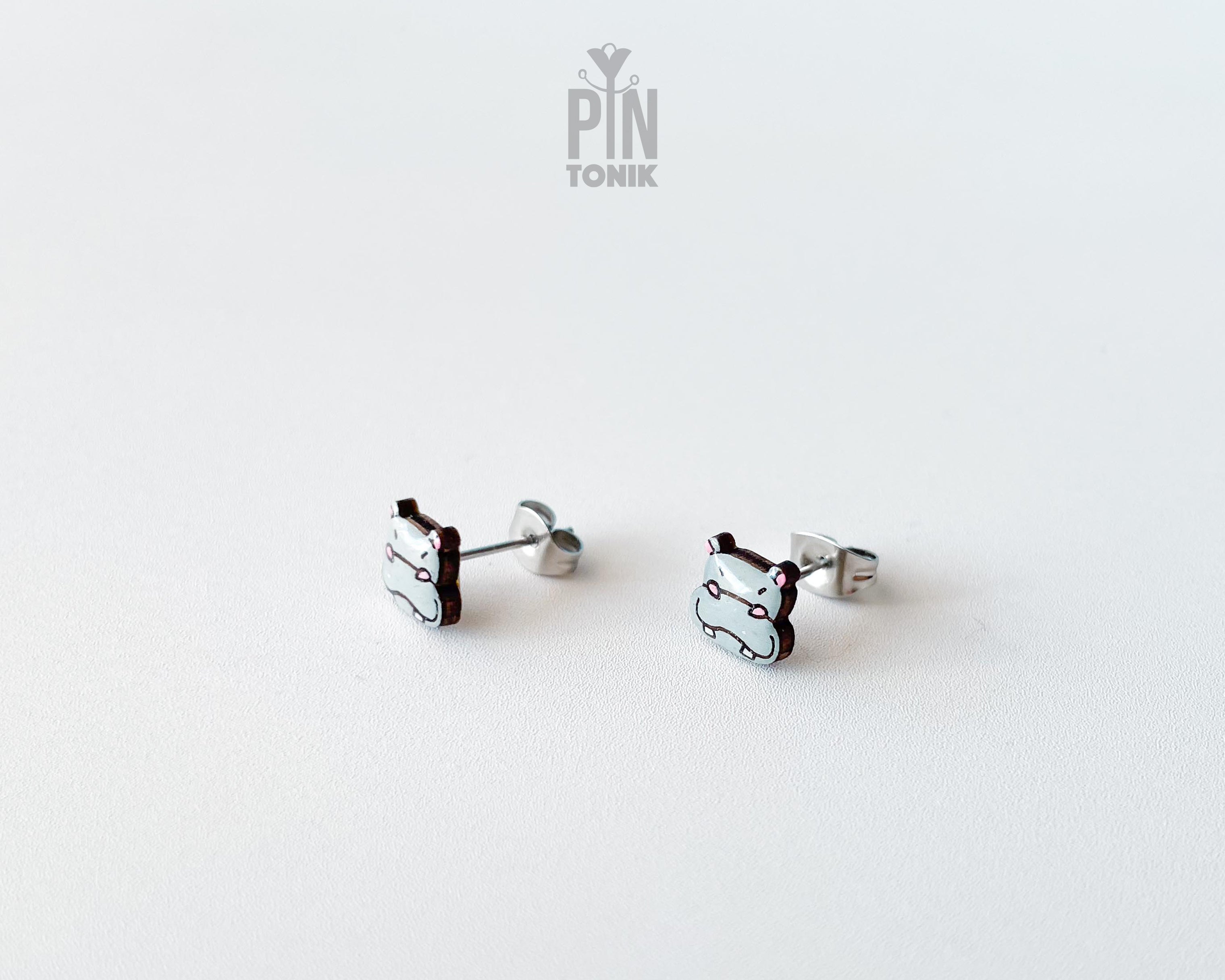 Handmade wooden grey hippo stud earrings with fine illustrated details by PinTonik, cute animal jewelry