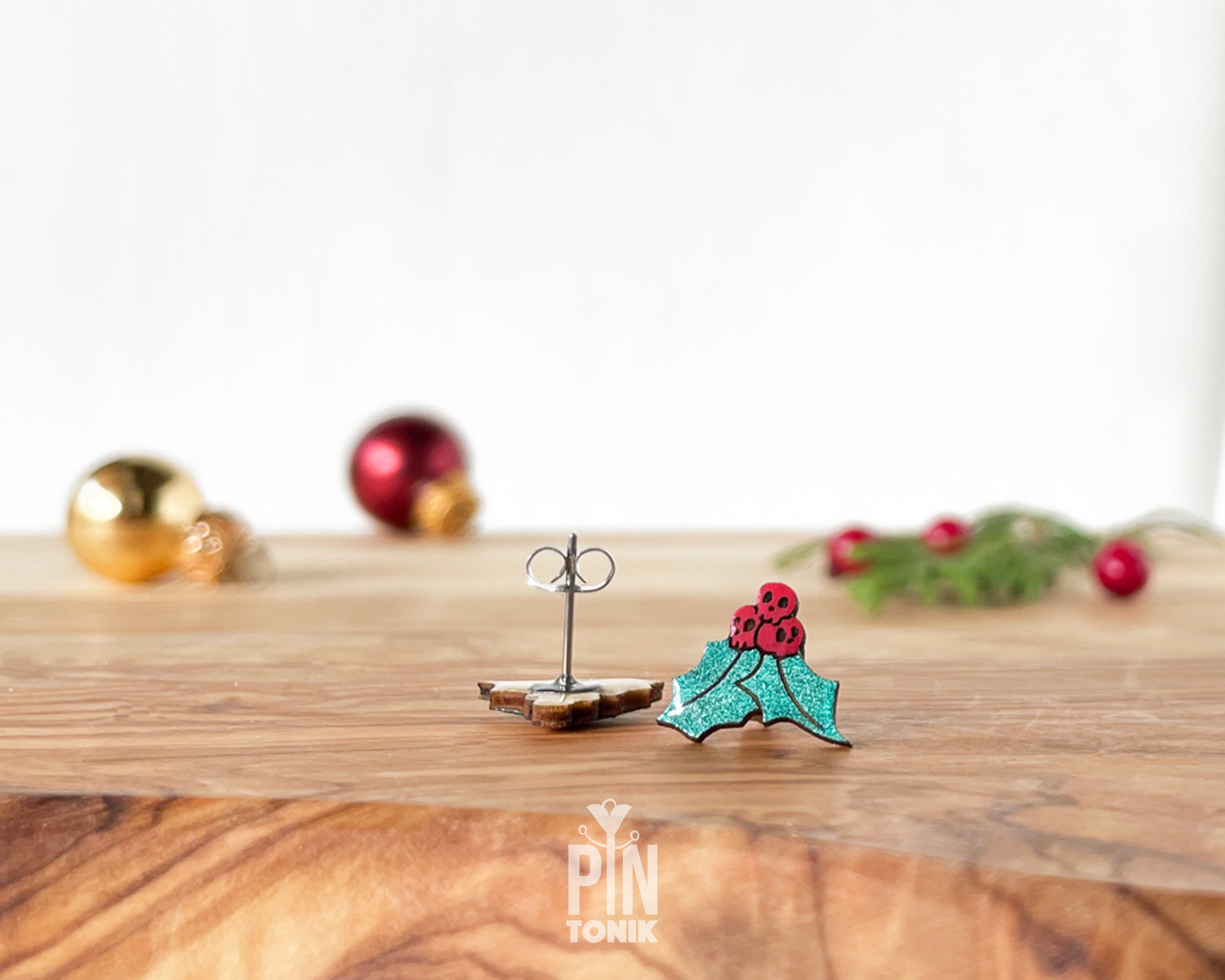 Holly Skull Studs