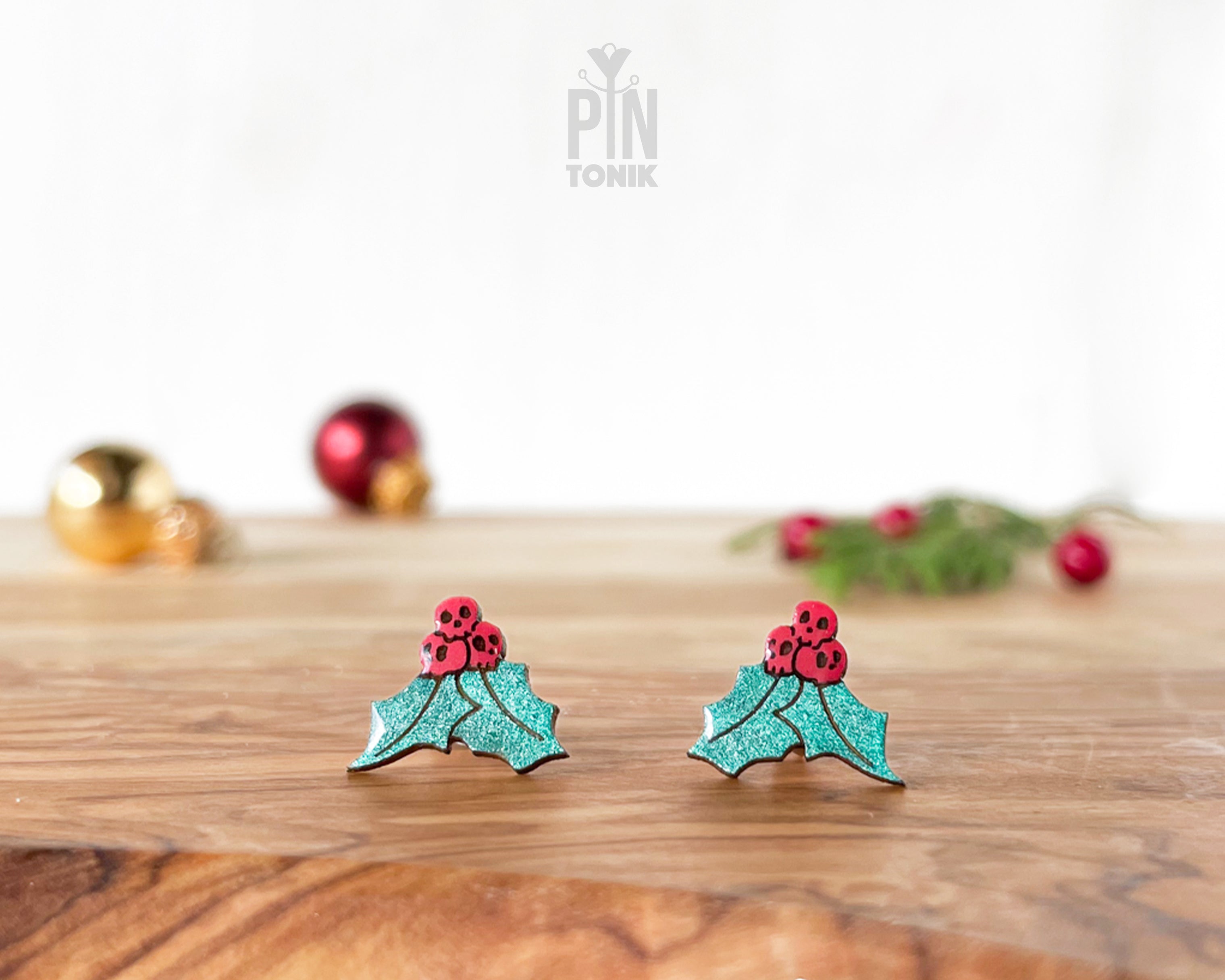 Holly Skull Studs
