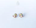 Pair of hand-painted wooden mallard duck stud earrings featuring a green head and brown body with a glossy resin finish