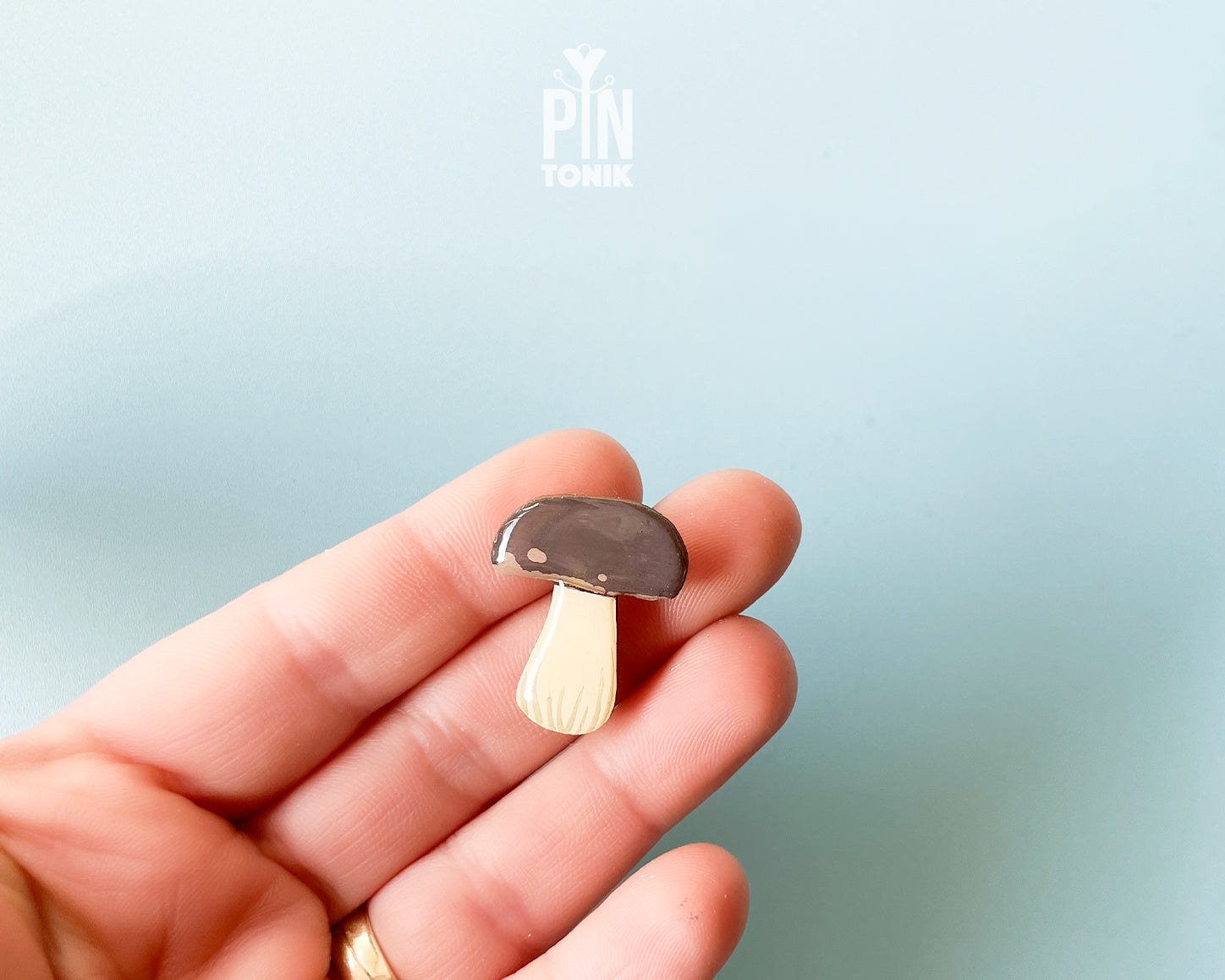 Hand-painted wooden porcini mushroom pin with a dark brown cap and cream-colored stem, shown on a light blue background