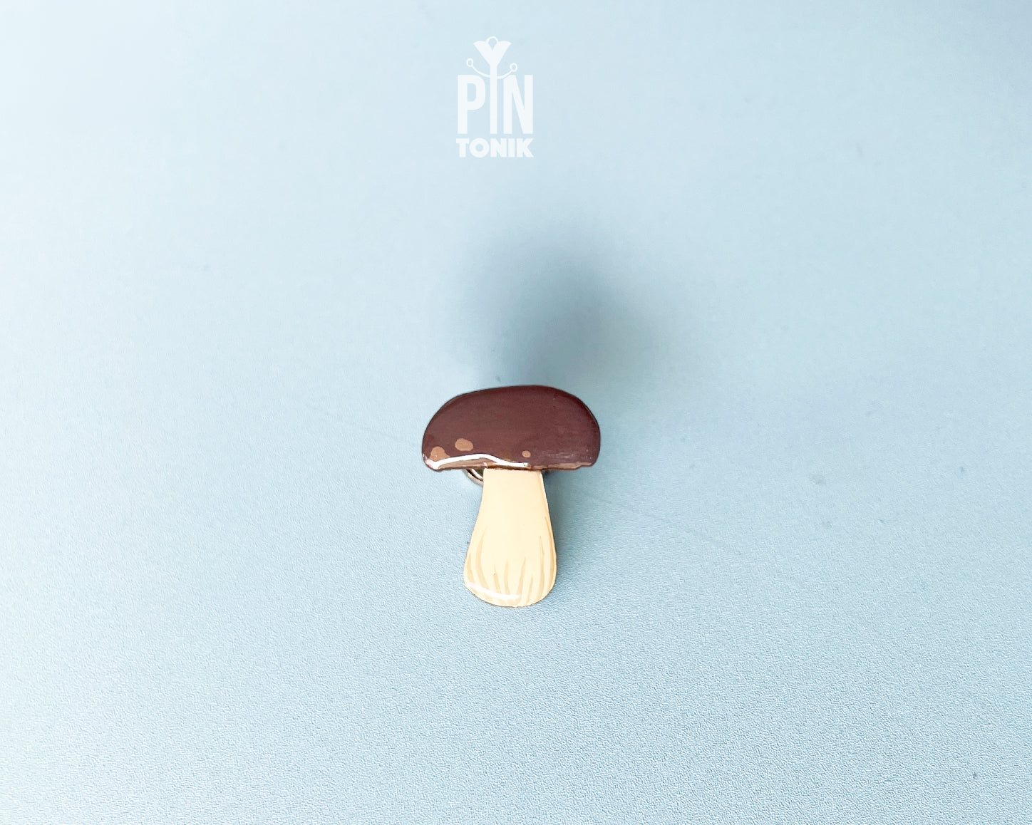 Hand-painted wooden porcini mushroom pin with a dark brown cap and cream-colored stem, shown on a light blue background