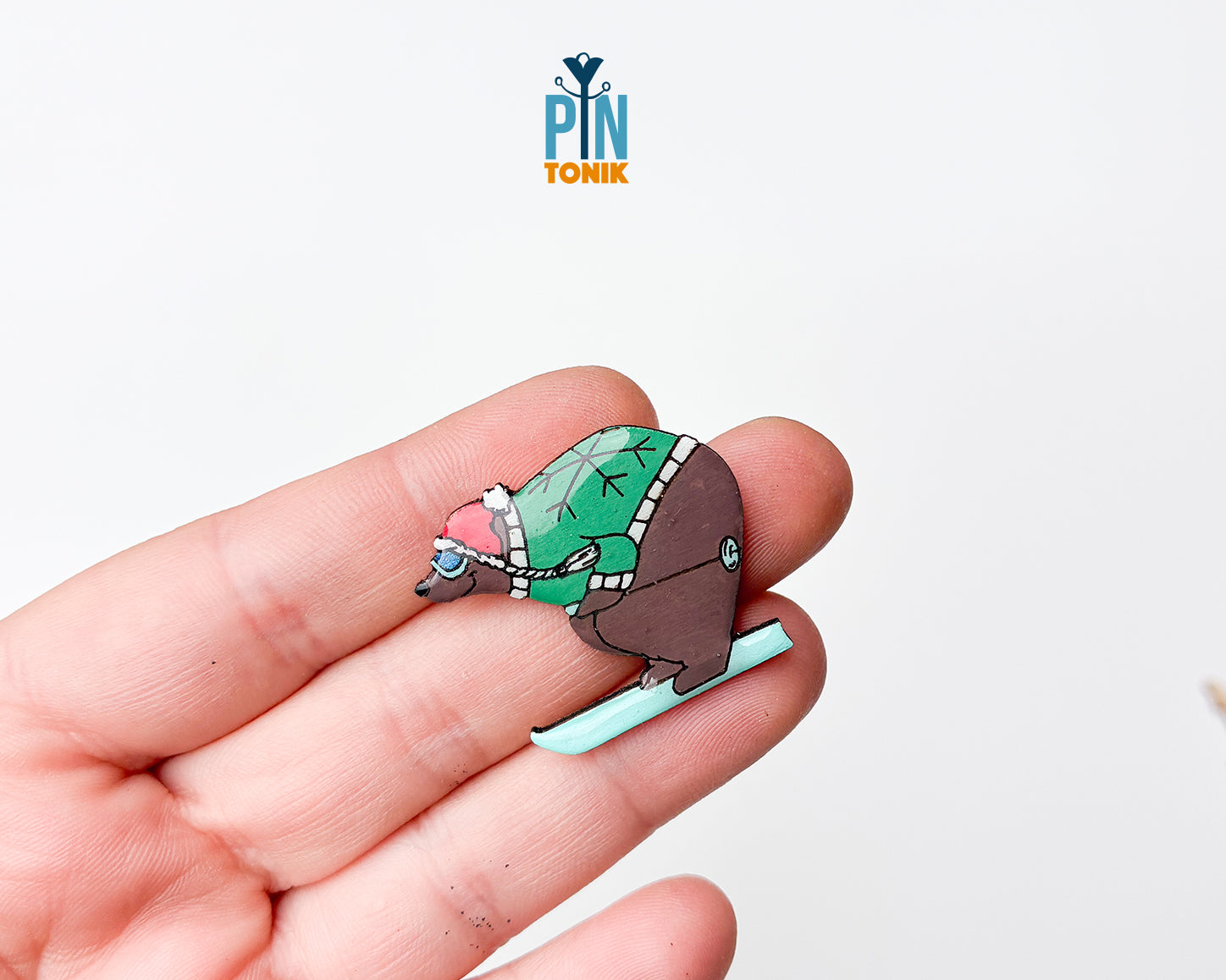 Skiing Bear Wooden Pin
