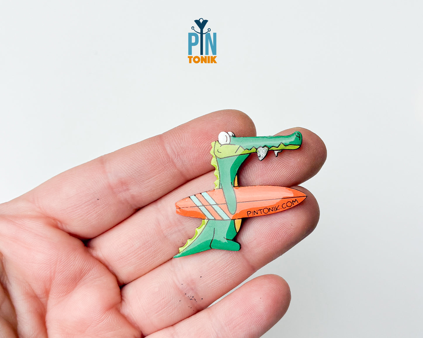 Surfing Crocodile Wooden Pin