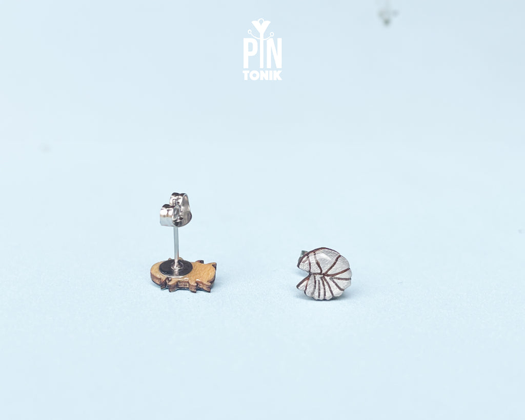 Handmade wooden mismatched rolly polly pill bug stud earrings showing one walking and one curled into a ball by PinTonik.