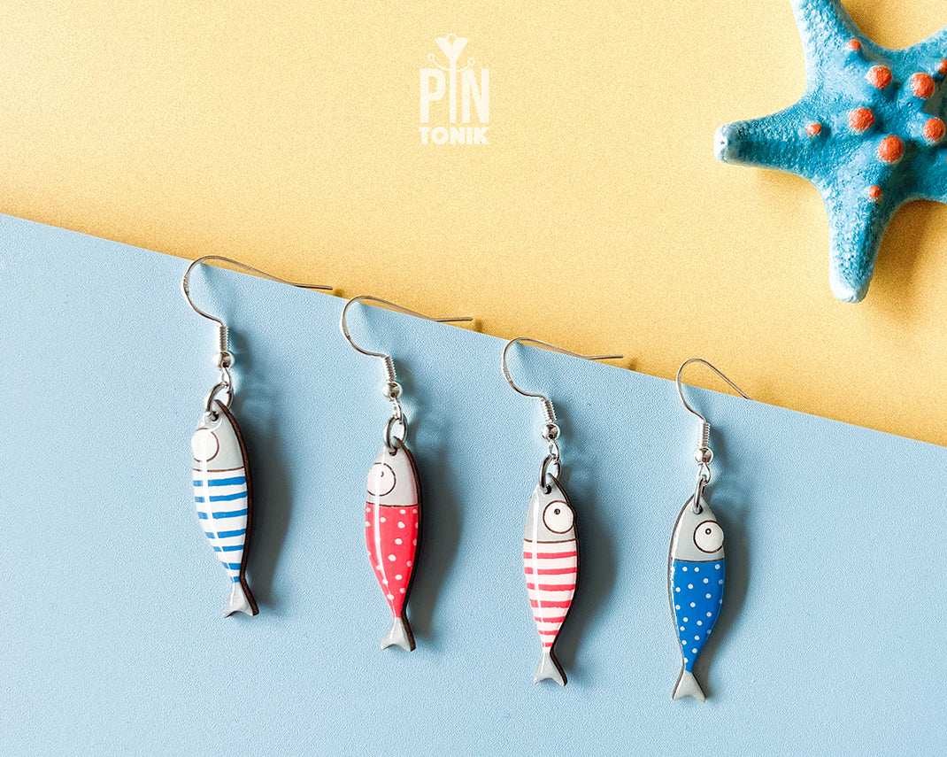 Hand-painted wooden sardine dangle earrings in various colors (blue, red, striped) on sterling silver hooks