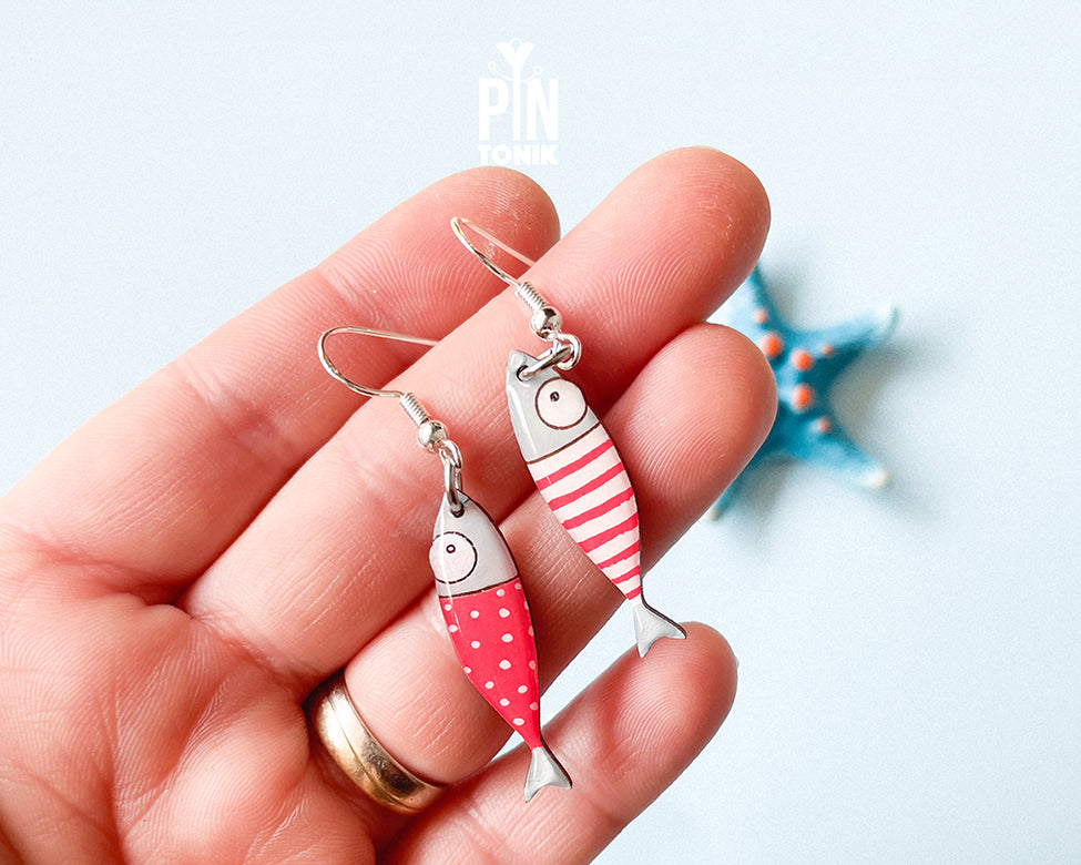 Hand-painted wooden sardine dangle earrings in various colors (blue, red, striped) on sterling silver hooks