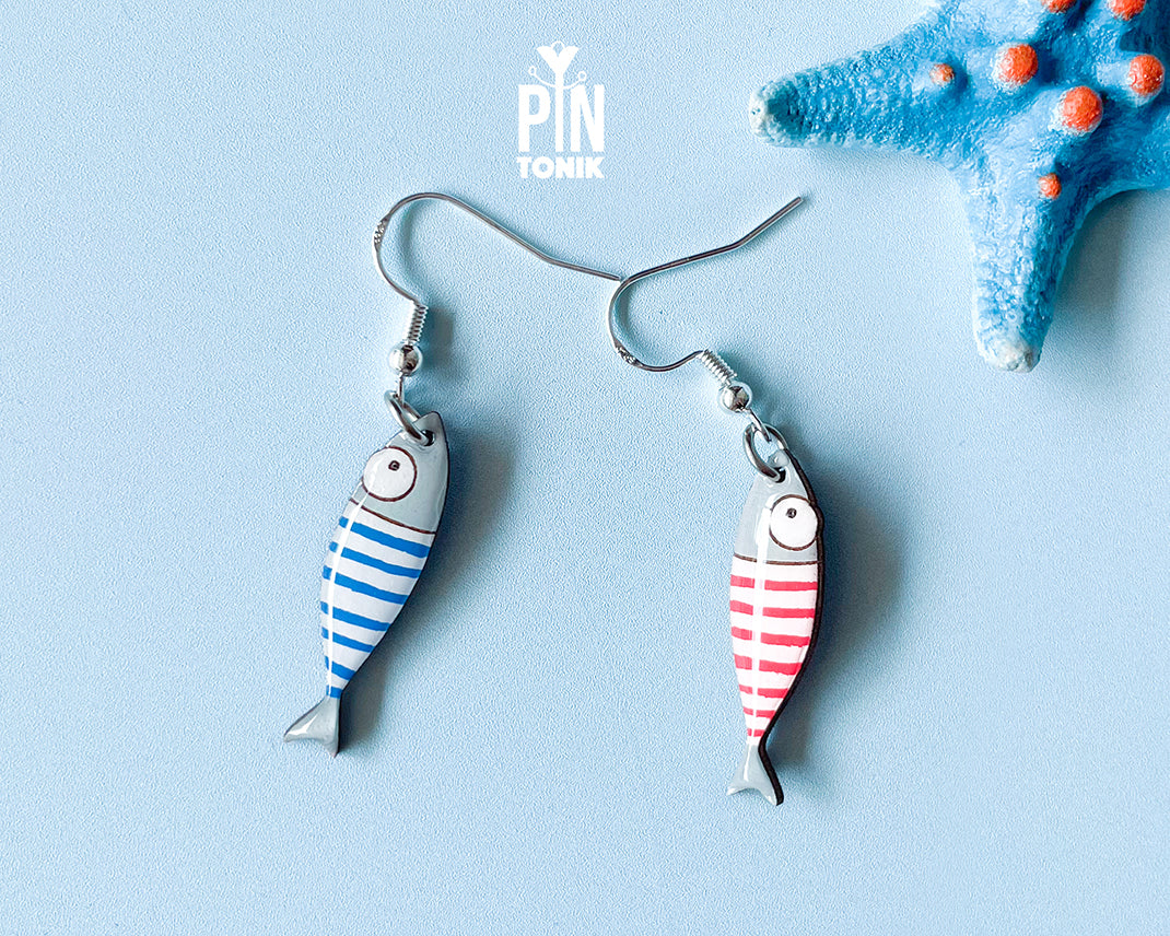 Hand-painted wooden sardine dangle earrings in various colors (blue, red, striped) on sterling silver hooks