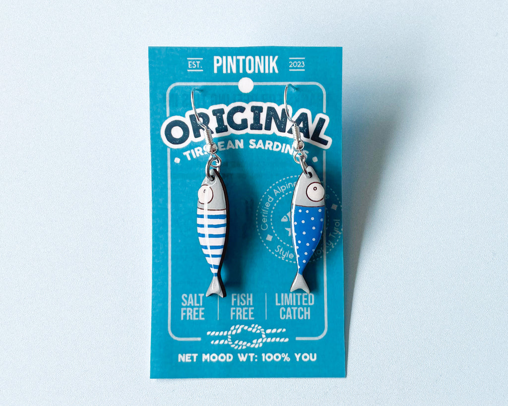 Hand-painted wooden sardine dangle earrings in various colors (blue, red, striped) on sterling silver hooks