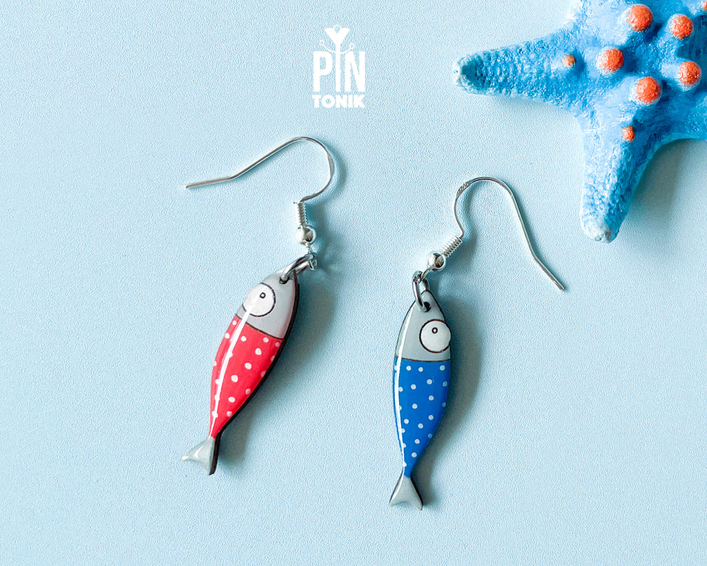 Hand-painted wooden sardine dangle earrings in various colors (blue, red, striped) on sterling silver hooks