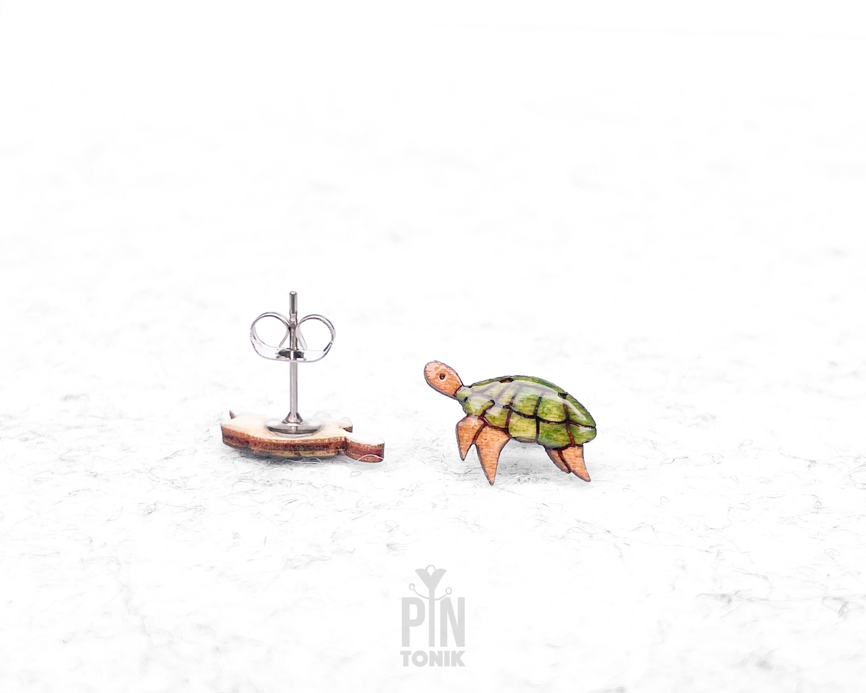 Handmade wooden sea turtle stud earrings with a beautiful teal and green shell design, Hawaiian honu beach style tropical jewelry by PinTonik.