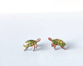 Handmade wooden sea turtle stud earrings with a beautiful teal and green shell design, Hawaiian honu beach style tropical jewelry by PinTonik.