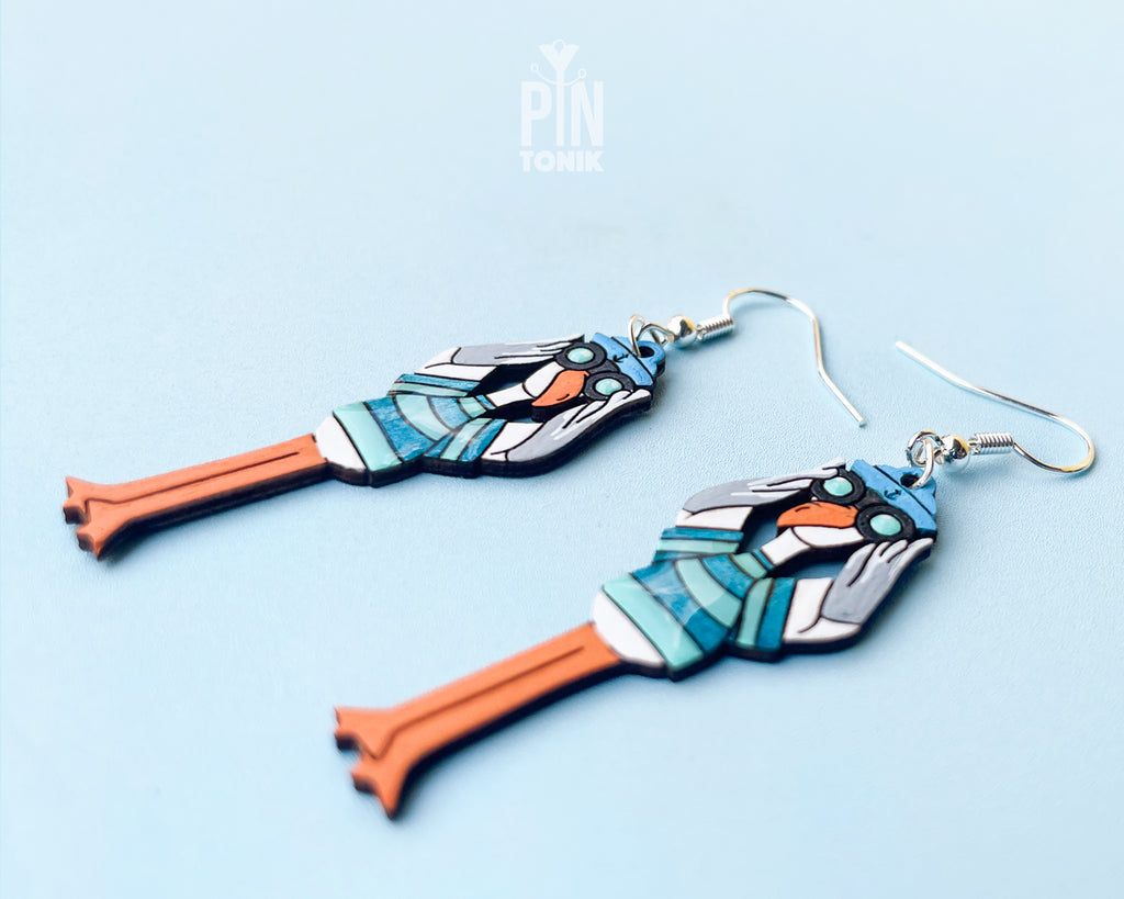 Long hand-painted wooden seagull dangle earrings wearing a teal striped sweater and holding binoculars on sterling silver hooks