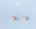 Handmade wooden salmon nigiri sushi stud earrings with a detailed pink salmon slice resting on white rice by PinTonik.
