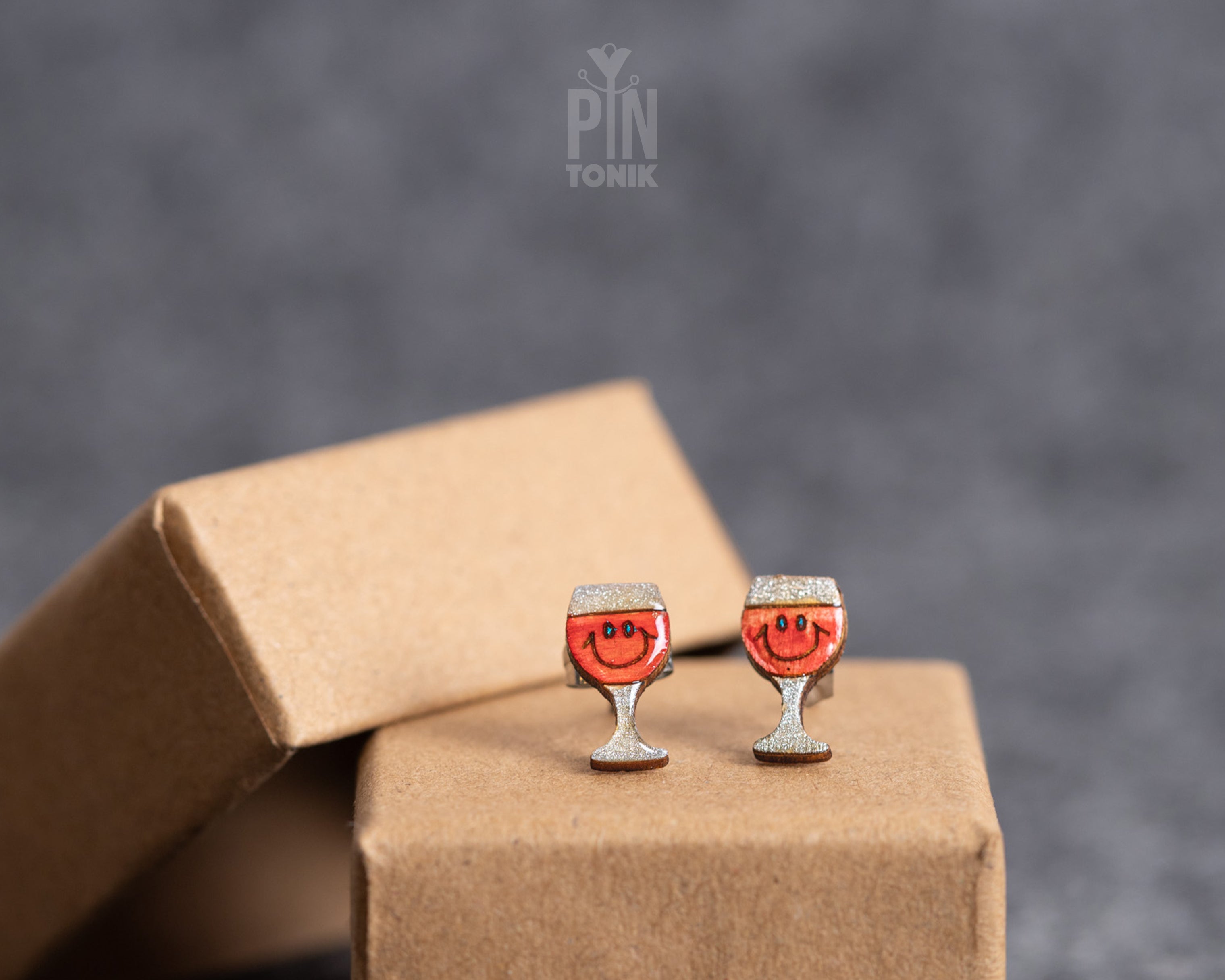 Handmade wooden red wine glass stud earrings filled with rich red wine by PinTonik.