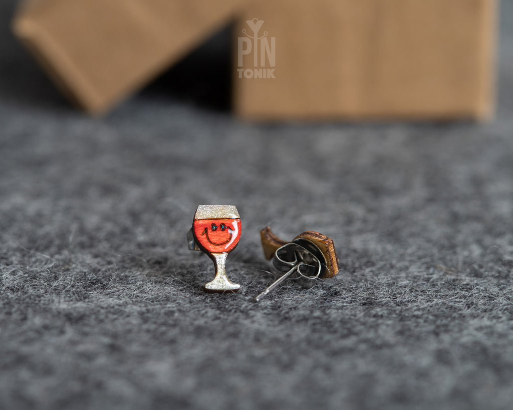 Handmade wooden red wine glass stud earrings filled with rich red wine by PinTonik.