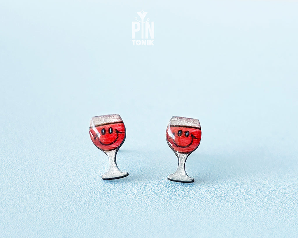 Handmade wooden red wine glass stud earrings filled with rich red wine by PinTonik.